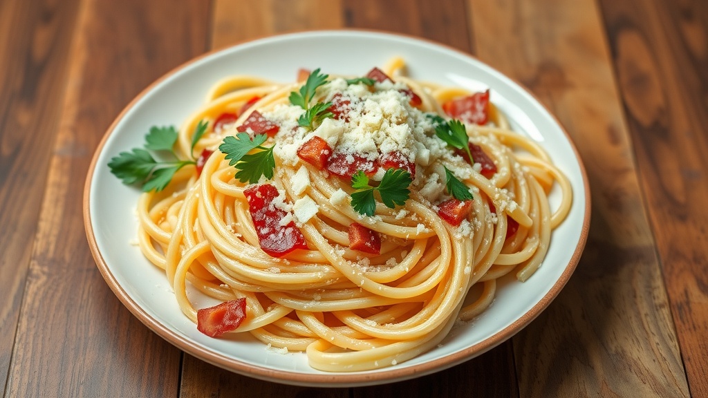 Classic Italian Carbonara Recipe Delicious spaghetti carbonara with pancetta and cheese on a rustic plate, garnished with parsley.